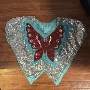 Vintage sequin butterfly top/ one size / silver  turquoise red